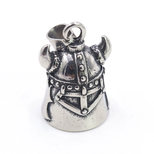 Silver viking helmet bell pendant with horn design and polished metal finish on white back