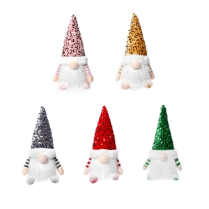 Christmas sequined gnome dolls with warm lights in red pink gold grey and green colors