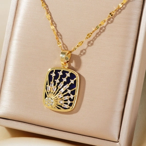 Golden square necklace with blue enamel and zircon inlay in a beige silk jewelry box