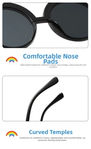 Detail view of children's sunglasses with elevated nose pads and ergonomic anti-slip temples