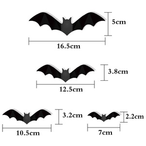 Halloween decorative black bat wall stickers set showing four sizes with detailed dimensions