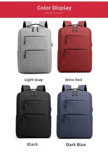 Business backpacks in grey, red, black, and blue with integrated USB charging ports