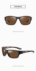 Close-up of polarized brown lenses and streamlined brown-black frame cycling glasses