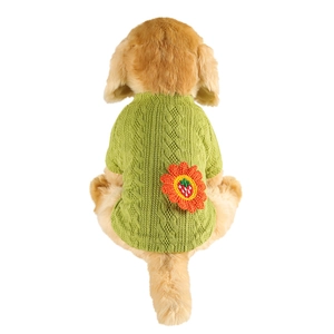 Green knit dog sweater with strawberry crochet flower detail for small pets