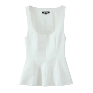 White sleeveless fitted top with ruffled hem and slim fit design for women
