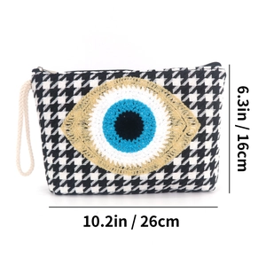 Detailed size chart of evil eye pouch with dimensions of 26cm length and 16cm height