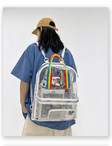 Detail of transparent PVC backpack with colorful rainbow straps on model back