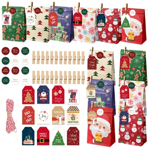 Christmas gift bag set with festive patterns, wooden clips, stickers, and cotton twine
