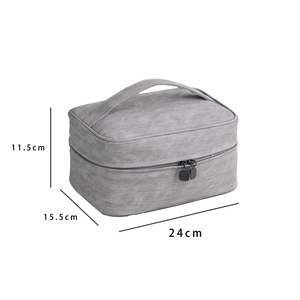 Large grey textured cosmetic bag with dimensions 24x15.5x11.5cm and sturdy top handle