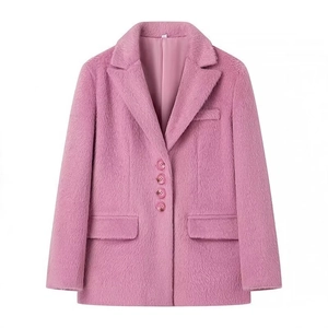 Women Plush Fuzzy Blazer Jacket Lapel Collar Single Breasted Solid Color Faux Fur Outerwear With Pockets