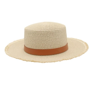 Detail of flat top boater hat featuring beige straw weave texture and brown leather strap