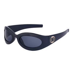 Y2K cycling sunglasses in black frame with grey lenses and gold ring detail