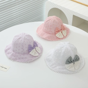 Lace baby sun hats with floral embroidery and oversized bows for summer outdoor sun protection