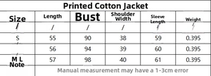 Size chart for printed cotton jacket showing detailed length, bust, and sleeve measurements