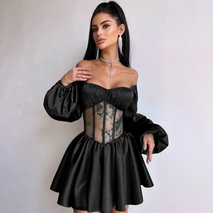 Robe Courte Femme En Satin Et Dentelle Patchwork Épaules Dénudées Manches Bouffantes Taille Corset Sexy Streetwear