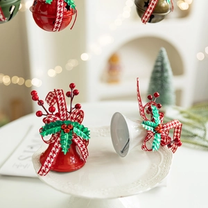 Christmas bow bell hanging ornaments with red berries and holly for holiday tree decoration