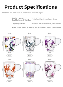 Detailed grid showing 380ml double-wall borosilicate glass cups with dried flowers