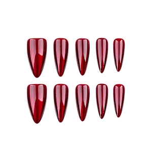 Glossy red chrome stiletto press-on nails set with 10 pieces on a white background