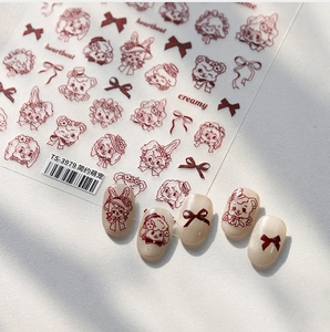 Detail of TS-3979 nail stickers featuring red line-art rabbits, bears and bows
