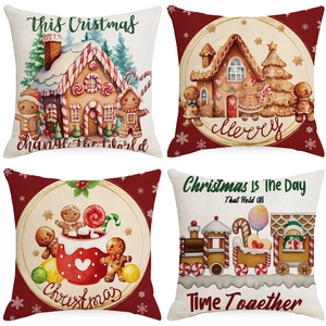 Linen Christmas Cushion Covers Gingerbread Man House Pattern Decorative For Sofa Couch Home Holiday Decor