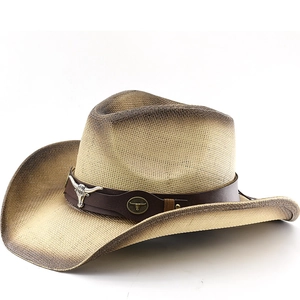 Chapeau De Cowboy Occidental Paille De Papier Large Bord Protection Solaire Hommes Femmes Avec Bande En Cuir