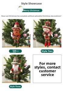 Detailed view of plush Christmas ornaments featuring reindeer and snowman on a tree branch