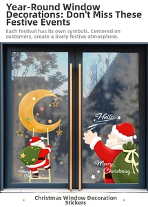 Macro view of Santa Claus and crescent moon static window decals with festive stars
