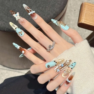 Handmade long almond press-on nails with 3D bears and blue ballet ribbon design