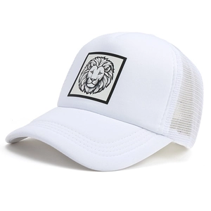 White mesh trucker hat with lion patch, 45-degree angle view for summer travel