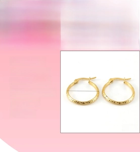 Detailed specs of gold stainless steel hoop earrings with Greek fret pattern engraving