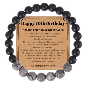 Detail of 70th birthday card with handmade natural map stone beaded bracelet