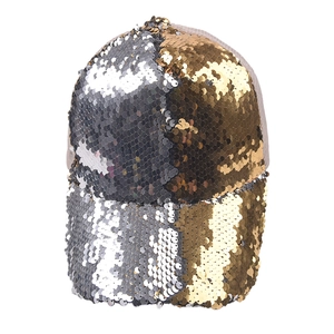 Adjustable sequin baseball cap with reversible silver and gold sequins on a mesh crown