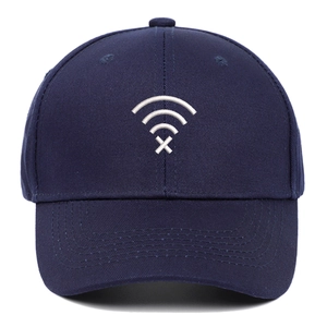 Classic navy blue cotton baseball cap with white embroidered Wi-Fi symbol on white background