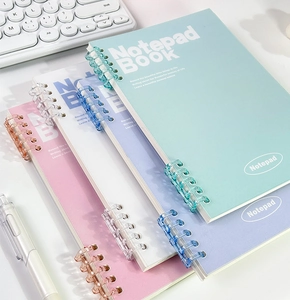 Stack of macaron-colored loose-leaf binders with transparent plastic rings and paper covers