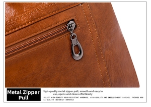 Détail de la fermeture éclair en métal et coutures soignées sur sac en cuir marron