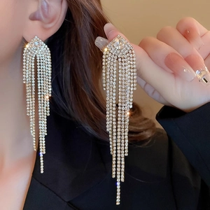Luxury long tassel earrings with sparkling zircons and gold plating for elegant women