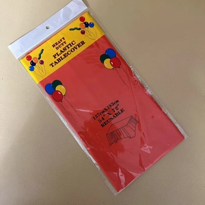 Detail of red heavy duty reusable plastic tablecover in 137x183cm retail packaging