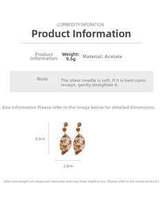 Detailed size specifications of acetate leaf earrings with silver needles and dimensions