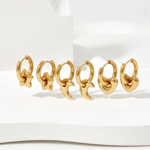 Minimalist Stainless Steel Hoop Earrings With Star Moon And Heart Pendants High Polish Geometric Jewelry For Women Girls