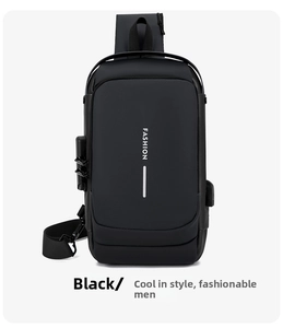 Close-up of anti-theft combination lock and USB charging port on black crossbody bag