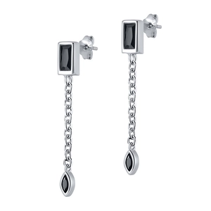 Macro shot of S925 sterling silver long fringe earrings with black zircon stones