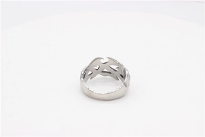 Detail shot of men's Gothic dragon totem ring in silver stainless steel with flame patterns