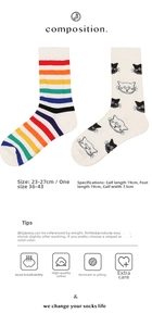 Detailed size chart for street style cotton crew socks featuring rainbow stripes and cats