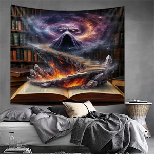 Detailed view of mystical open book tapestry featuring flaming stairs and a hooded figure