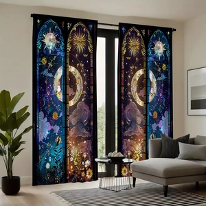 Detail of celestial blackout curtains featuring a sun moon and stars stained glass pattern