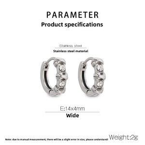 Detail view of 14x4mm stainless steel hoop earrings with crystal pavé and twisted design