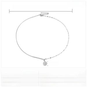 Size chart for golden stainless steel coin necklace showing pendant diameter and chain length