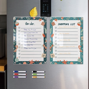 Detail of magnetic acrylic weekly planner boards with markers on a fridge surface