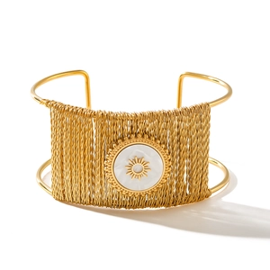 18k gold plated stainless steel wide woven cuff bracelet with sun motif inlay