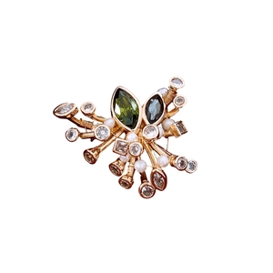 Elegant vintage French style brooch with green and blue stones, pearls and zircons